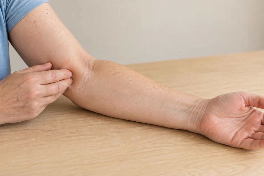 Close-up of the inner elbow and a relaxed palm-up forearm.