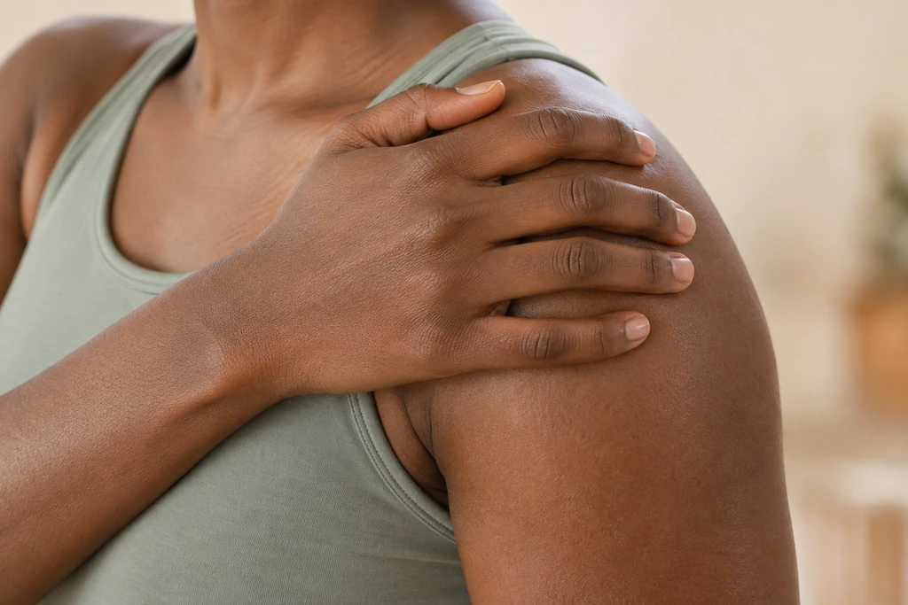 Close-up of a hand resting on the outer shoulder.