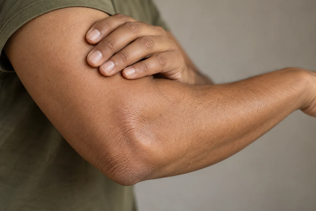 Close-up of a hand resting on the outer elbow.