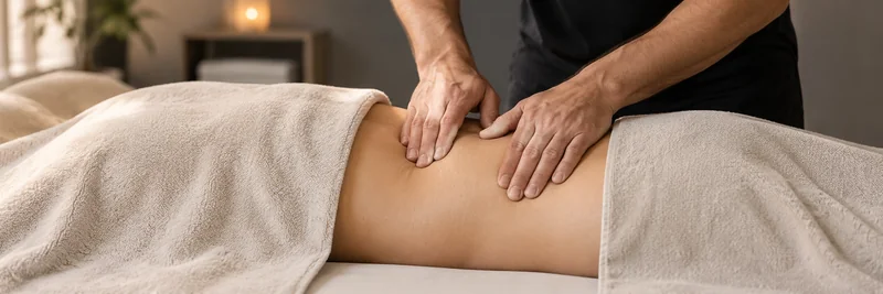 Illustration of hands providing manual care to a draped adult’s lower back