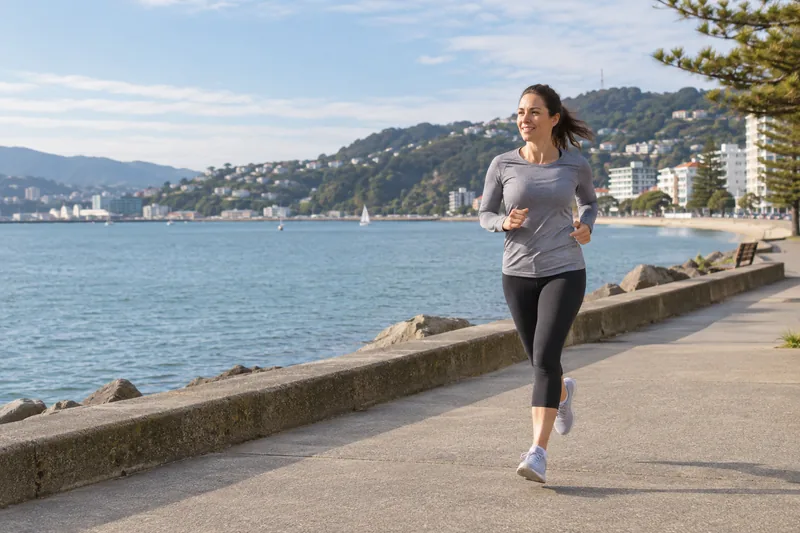 A runner on the Wellington Harbour waterfront promenade