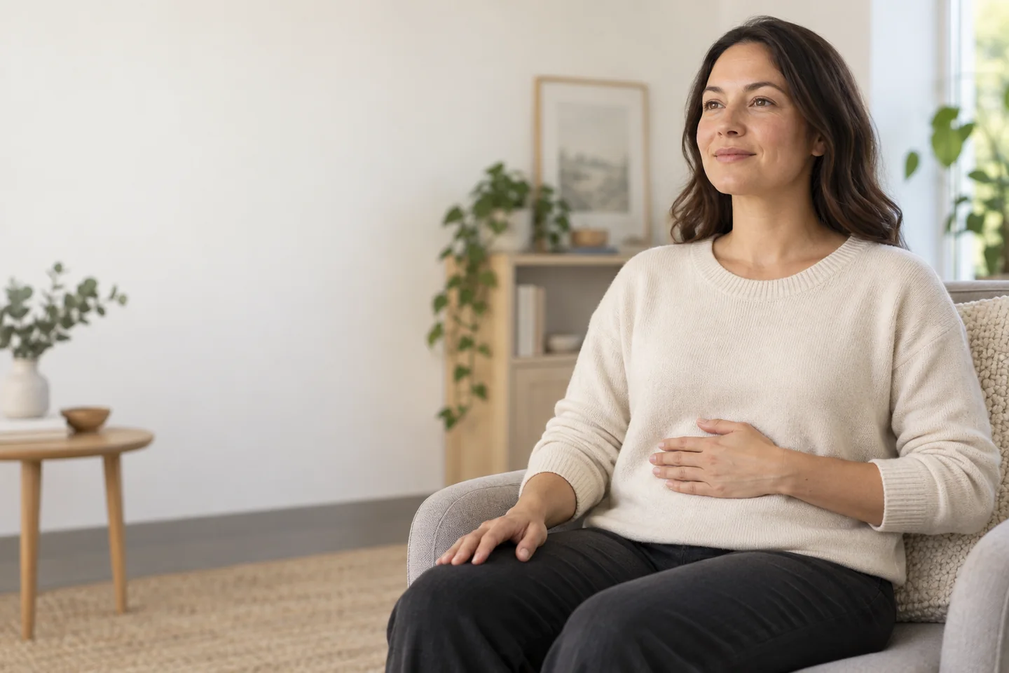 Illustrative image of a woman seated upright practising gentle breathing.