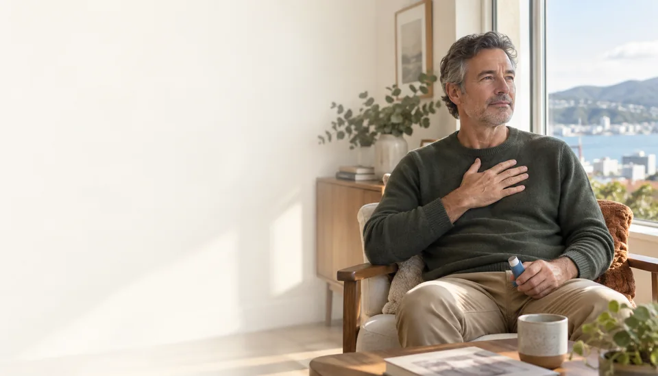 A man seated beside an open window with one hand over his chest and an inhaler near his lap.