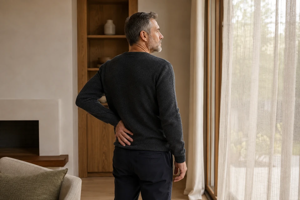 A man beside a window resting a hand on his lower back.