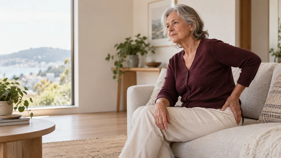 An older woman seated by a window, resting one hand over the outside of her hip.
