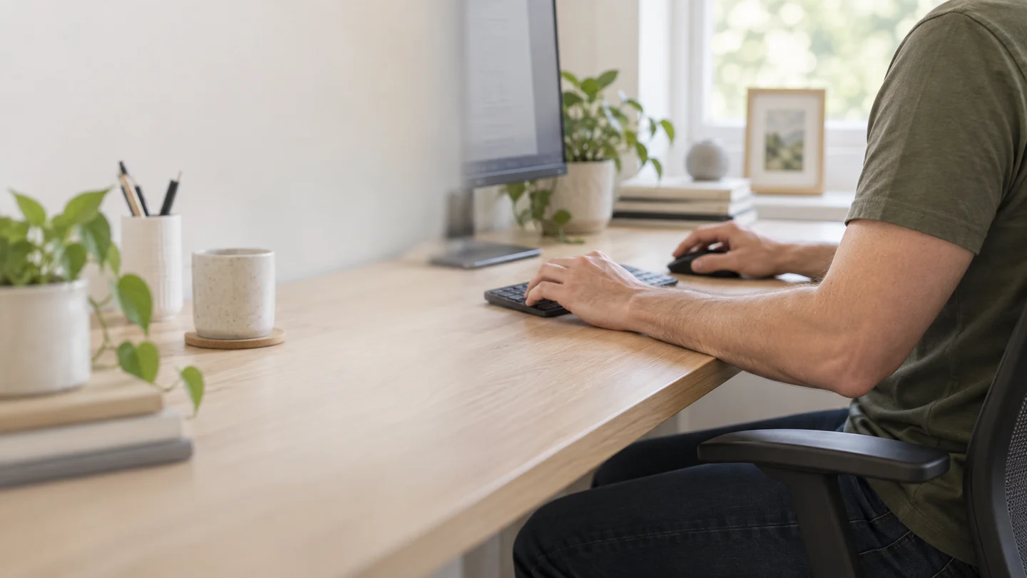 Illustrative desk-work scene showing a person’s elbow, forearm and hand beside a keyboard.