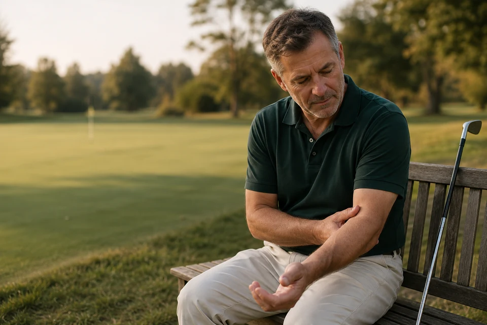 A golfer seated on a bench, gently supporting his elbow.