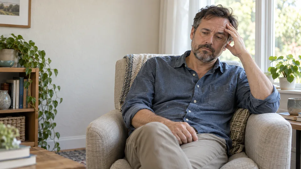 A man resting in an armchair with a hand at his temple.