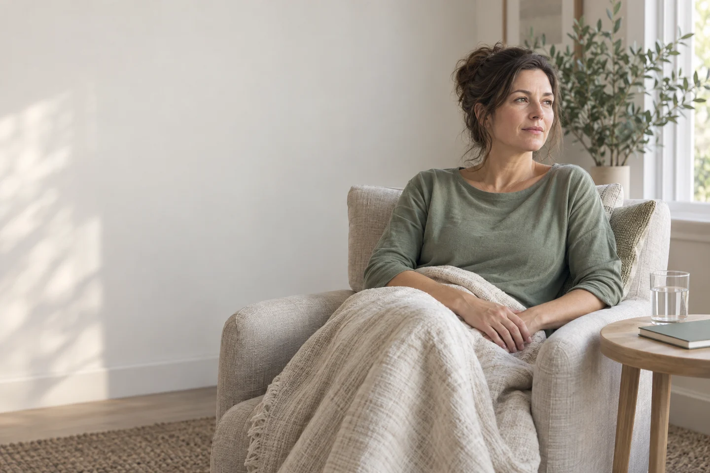 Illustrative scene of a woman resting in an armchair beside a glass of water.