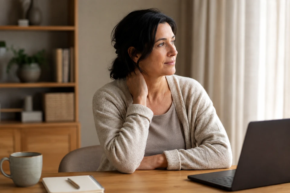 A woman taking a break at a desk, with a hand resting gently on her neck.