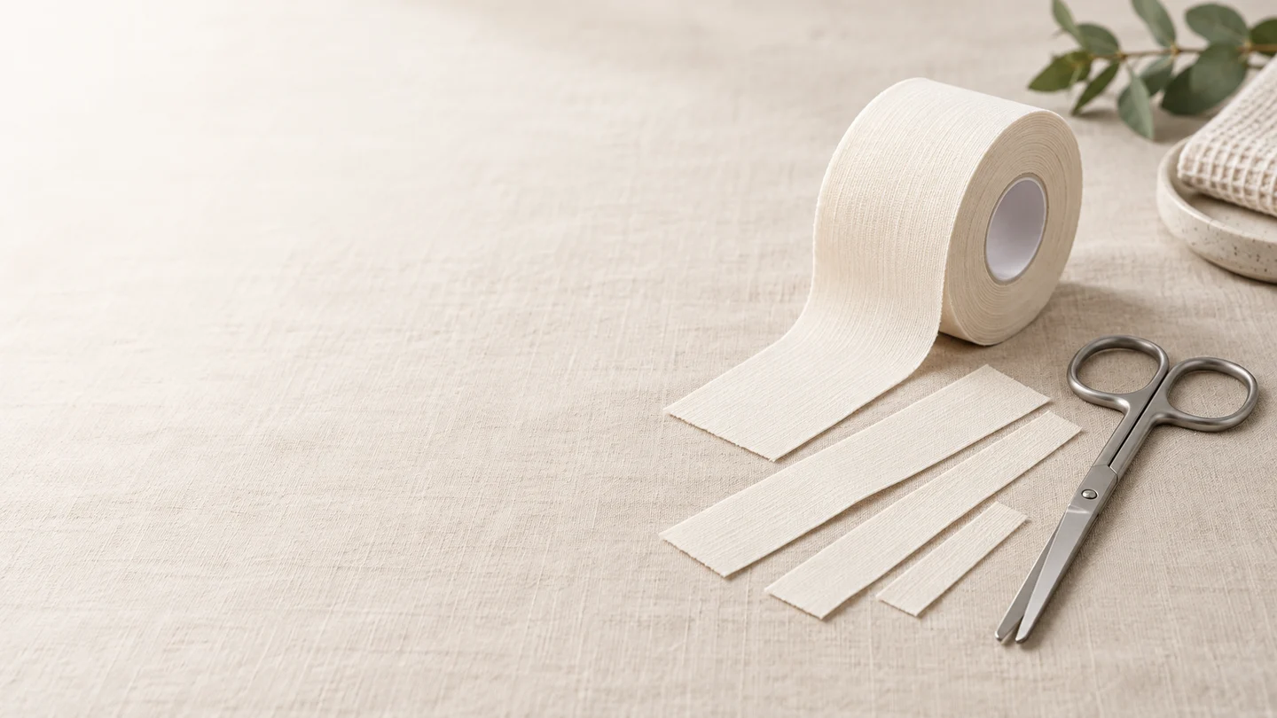 Illustrative still life of strapping tape, cut strips and scissors on a light surface.