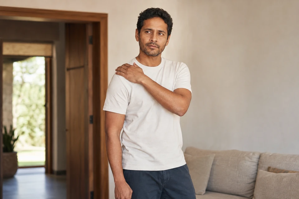 A man resting a hand on his shoulder.