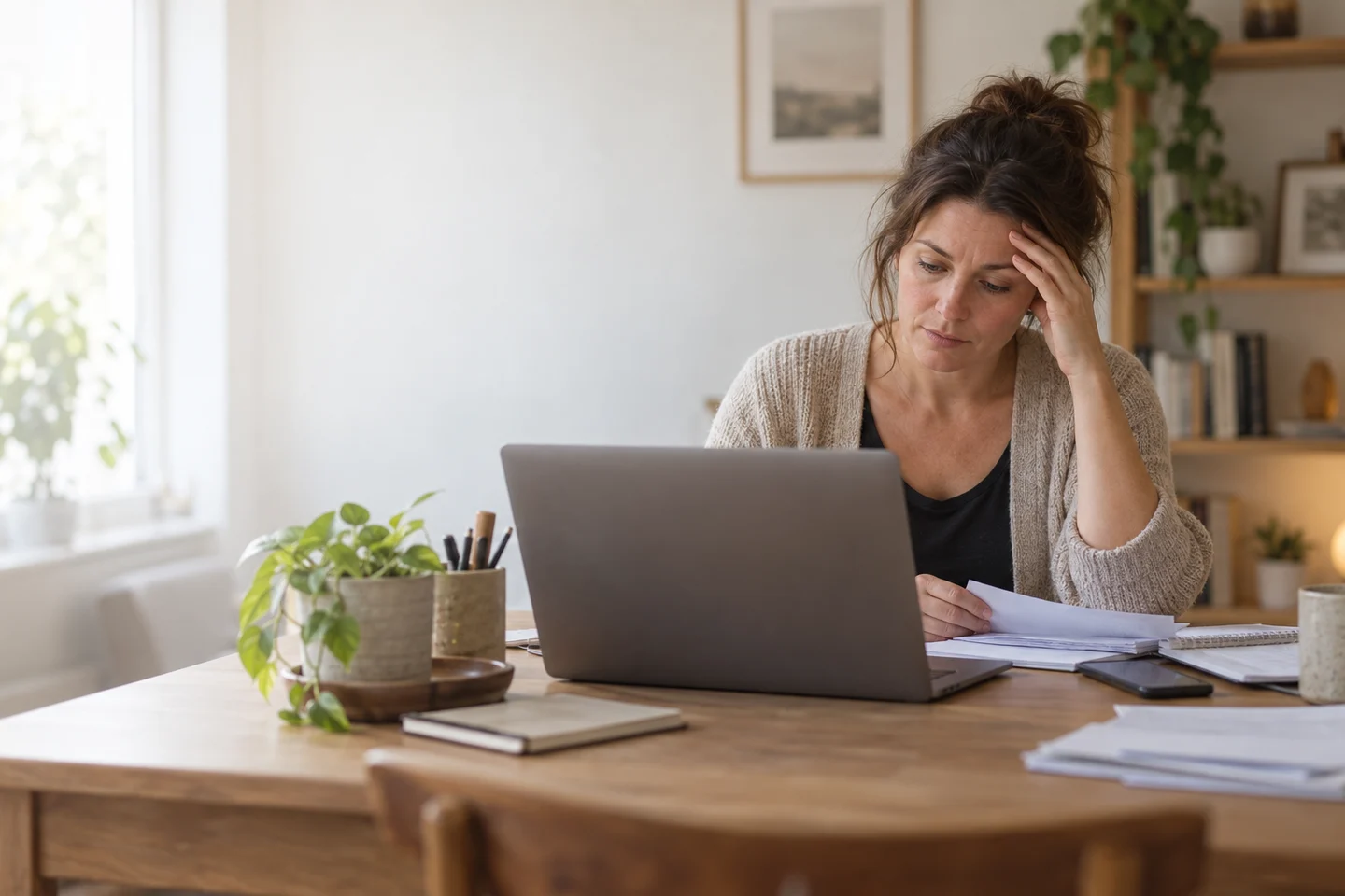 Illustrative scene of a woman pausing over paperwork at a home office desk.