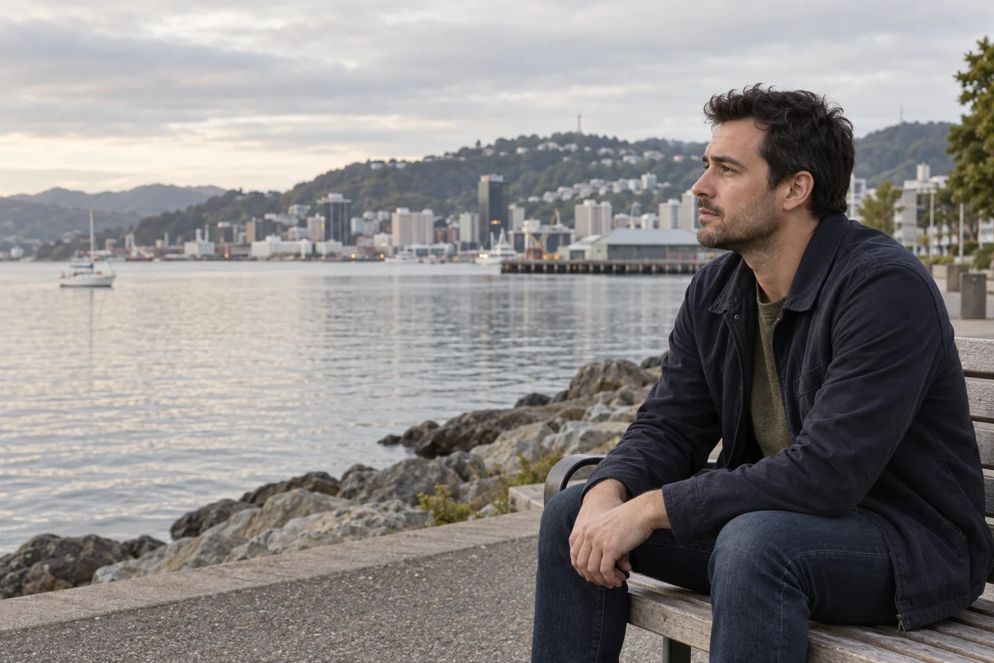 A man taking a quiet pause beside the harbour.
