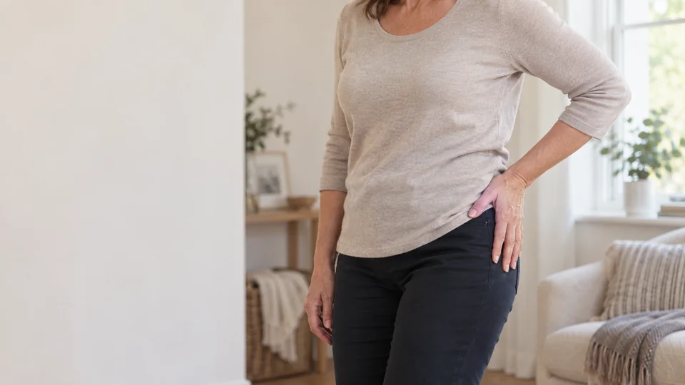 A woman resting a hand on the outer side of her hip.