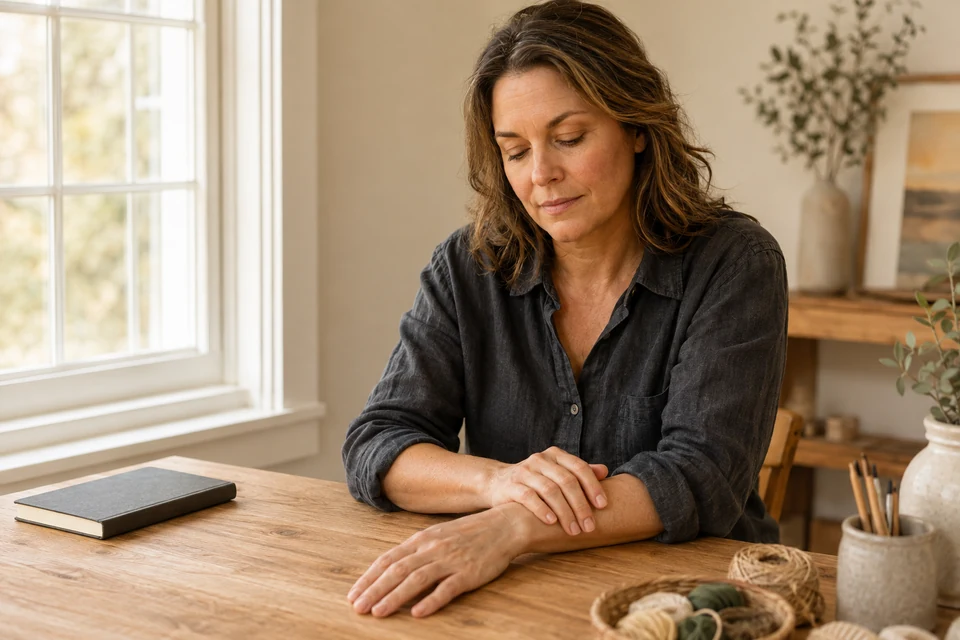 A woman taking a break at a work table, lightly supporting her wrist.