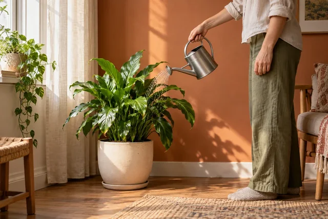 Illustrative hand watering a houseplant as a metaphor for ongoing care.