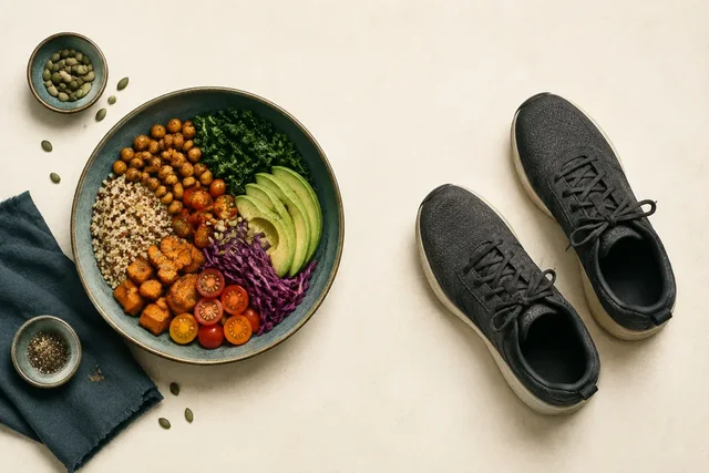 Editorial illustration of a vegetable and wholegrain bowl set apart from walking shoes.