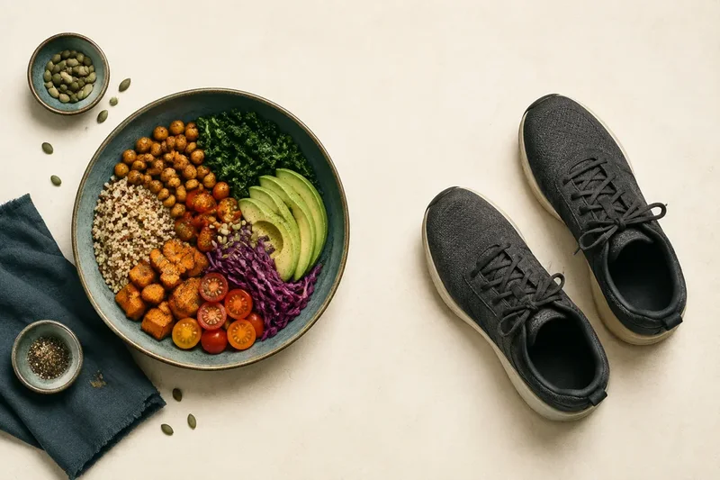 Editorial illustration of a vegetable and wholegrain bowl set apart from walking shoes.