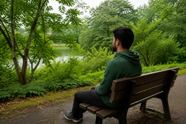 Illustrative photograph of a person sitting on a park bench.