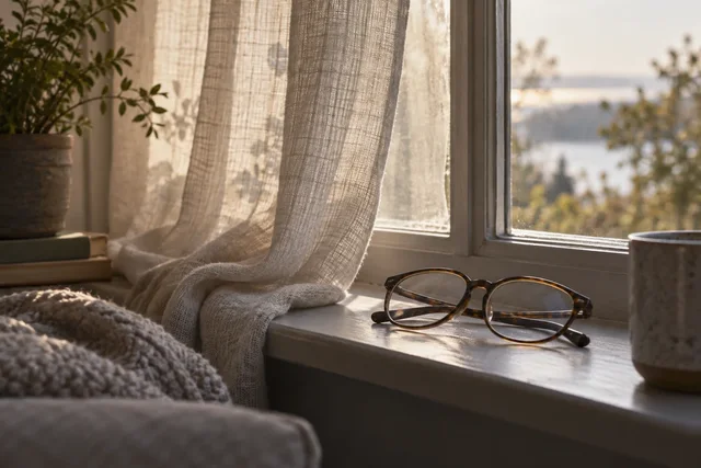 Illustrative reading glasses beside softly filtered window light.
