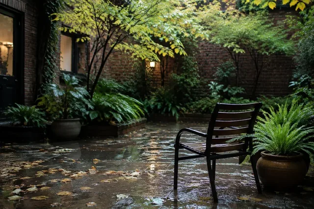 Illustrative courtyard after rain with an empty chair, fallen leaves and green plants.