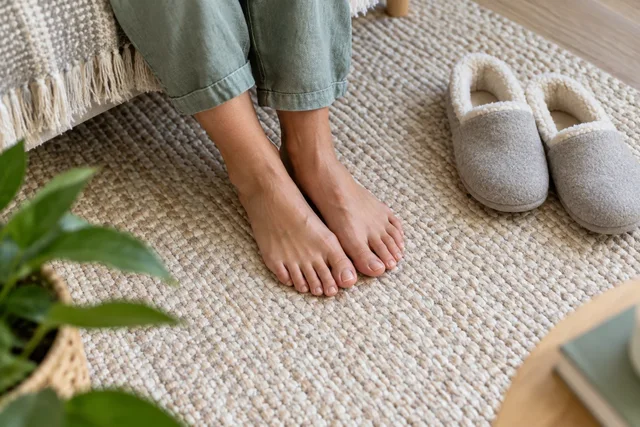 Illustrative bare feet resting beside everyday slippers.