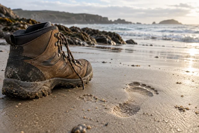 Illustrative hiking boot beside a footprint in damp sand.
