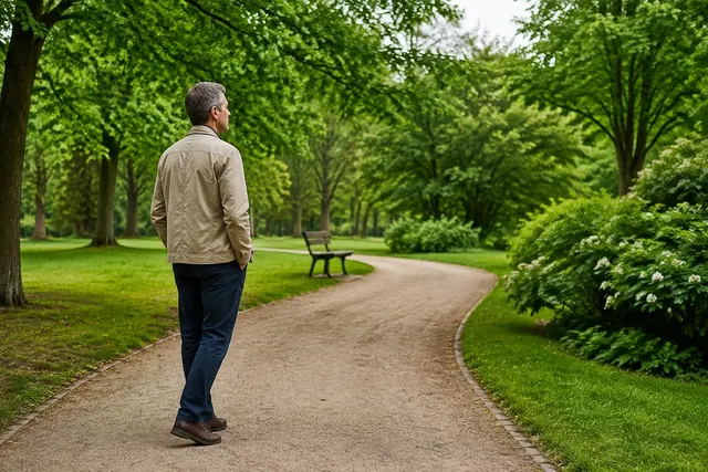 Illustrative photograph of a man standing beside a park path.