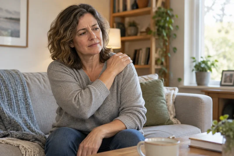 Illustrative image of a woman resting a hand on her shoulder at home