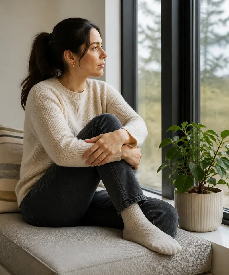 A woman sitting with her arms around her knees beside a window and a potted plant