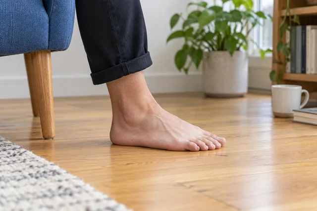 Illustrative bare foot resting naturally on a wooden floor beside a chair.