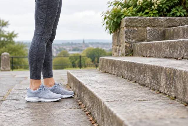 Illustrative person pausing beside broad outdoor steps.