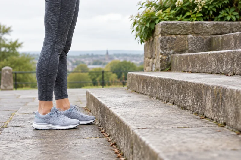 Illustrative person pausing beside broad outdoor steps.