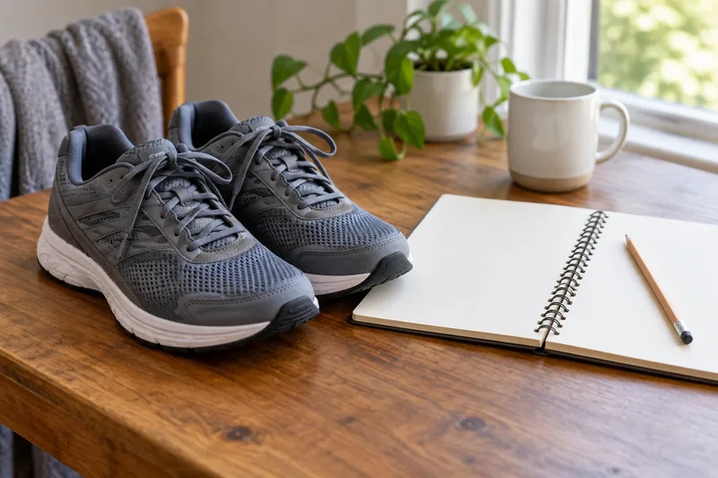 Illustrative walking shoes beside a notebook for discussing footwear.