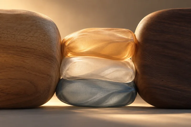 Illustrative soft cushions between rounded wooden forms.