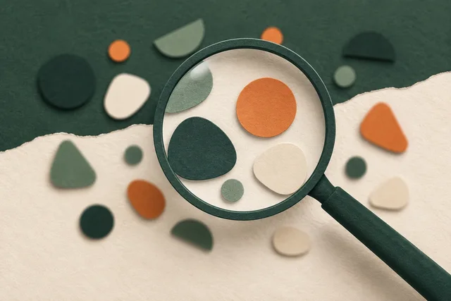 Illustrative magnifying glass over layered paper shapes.