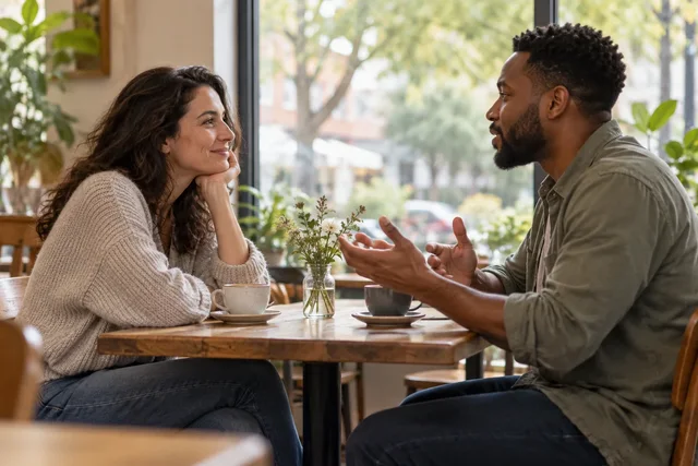 Illustrative adults sharing an attentive conversation.