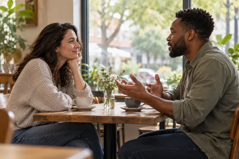 Illustrative adults sharing an attentive conversation.