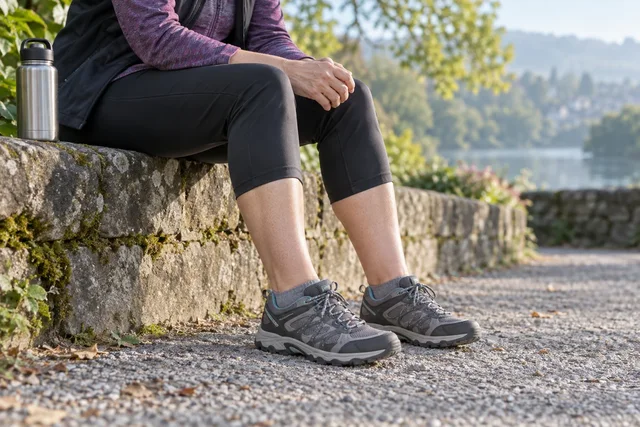 Illustrative walker resting on a park wall.
