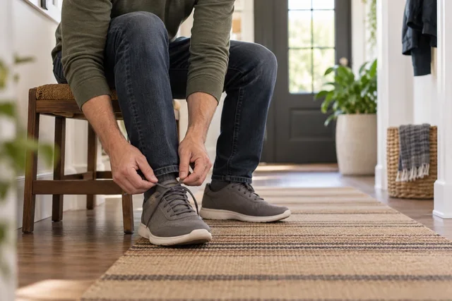 Illustrative person fastening a walking shoe.