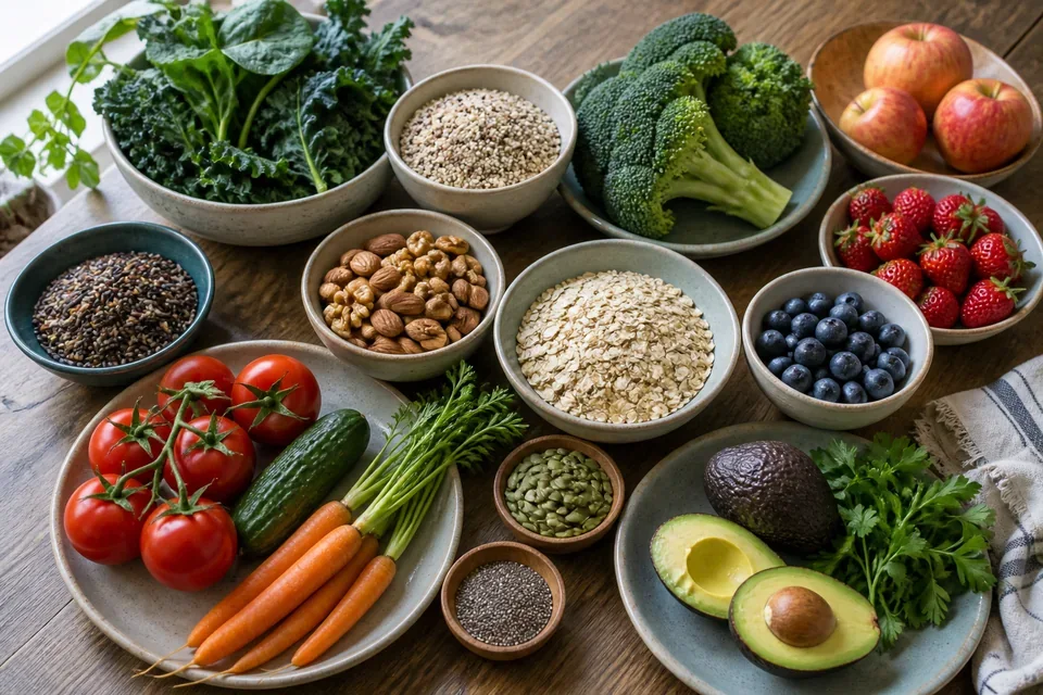 Illustrative photograph of vegetables, fruit, nuts and whole grains.