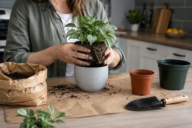 Illustrative photograph of hands repotting a small leafy houseplant at a kitchen table with soil, pots and a trowel.