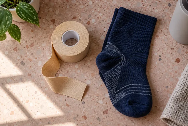 Illustrative sports tape roll and a folded running sock on a terrazzo surface.