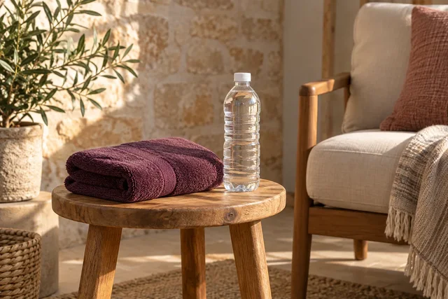 Illustrative folded towel and plain water bottle beside a comfortable chair.