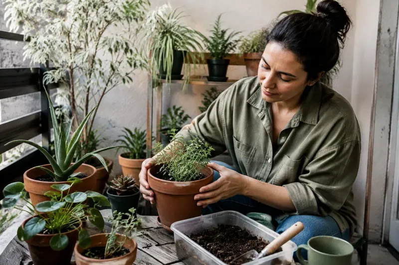 Illustrative scene of a woman tending a terracotta potted plant on a home patio.