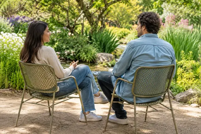 Illustrative photograph of two adults talking outdoors.