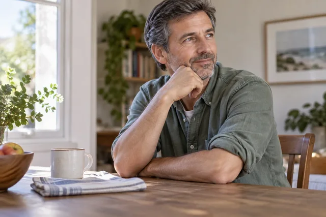 Illustrative adult resting their forearms at a home table.