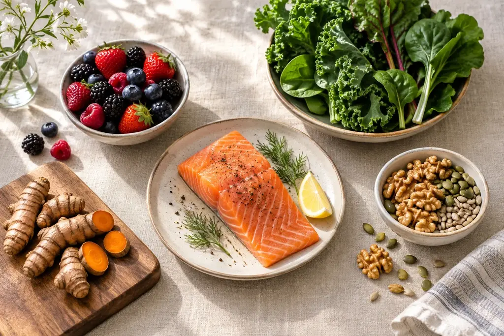 Illustrative salmon, turmeric, greens, berries and nuts on a kitchen table.