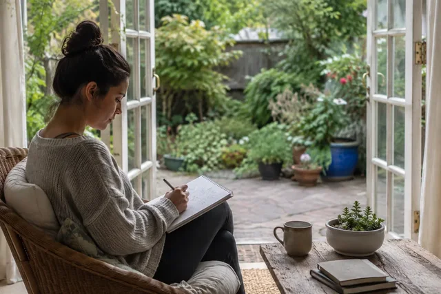 Illustrative scene of a woman sketching in a notebook beside open doors to a leafy garden.